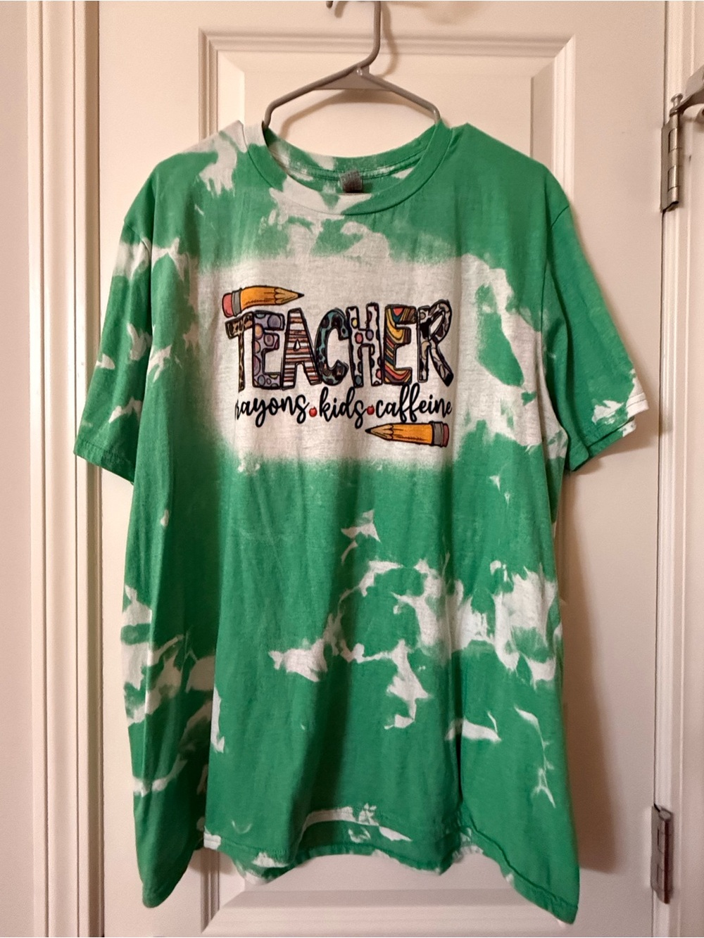 Gildan Softstyle Green and White TieDye Teacher Tee - Crayons, Kids, Caffeine XL
